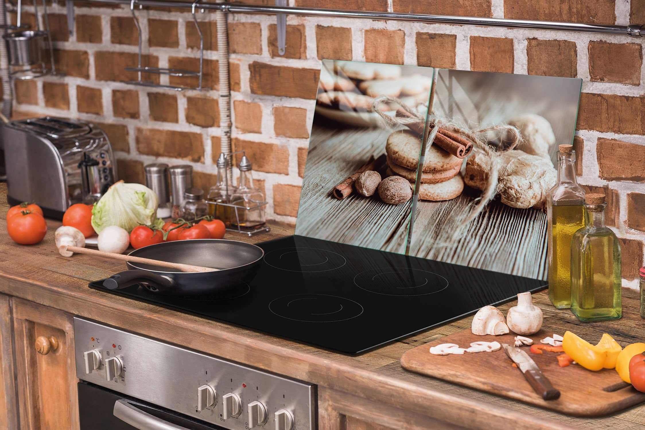 Herdabdeckplatten 2 Teilig 75x52 cm Ceranfeldabdeckung Küche Elektroherd Induktion Herdschutz Spritzschutz Glasplatte Schneidebrett, Kuchen Holz