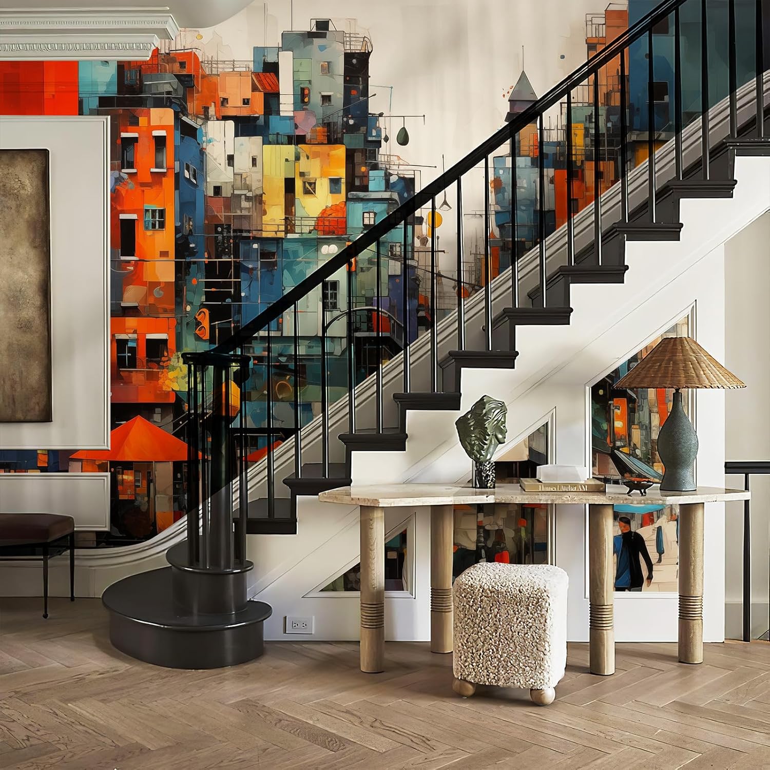 Zeeko Colorful Modern City Wall Murals 3D Peel and Stick 148" W x 98" H Hand Painted City Wallpaper Removable Graffiti Wall Paintings People Building Abstract Wall Decor for Bedroom Bathroom Office