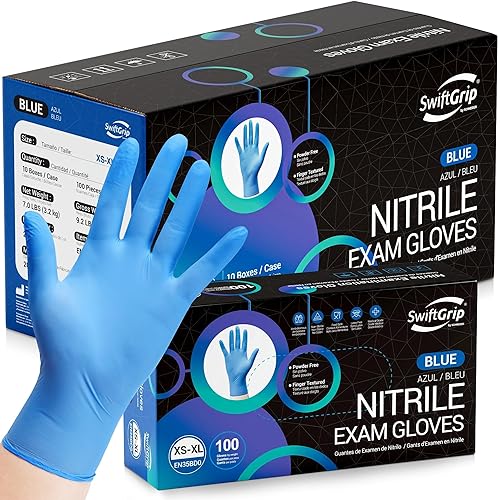 Miniatura 10 de Guantes de examen desechables de nitrilo SwiftGrip, azul, para uso médico, limpieza, aptos para alimentos, sin polvo, no estériles, caja de 1000