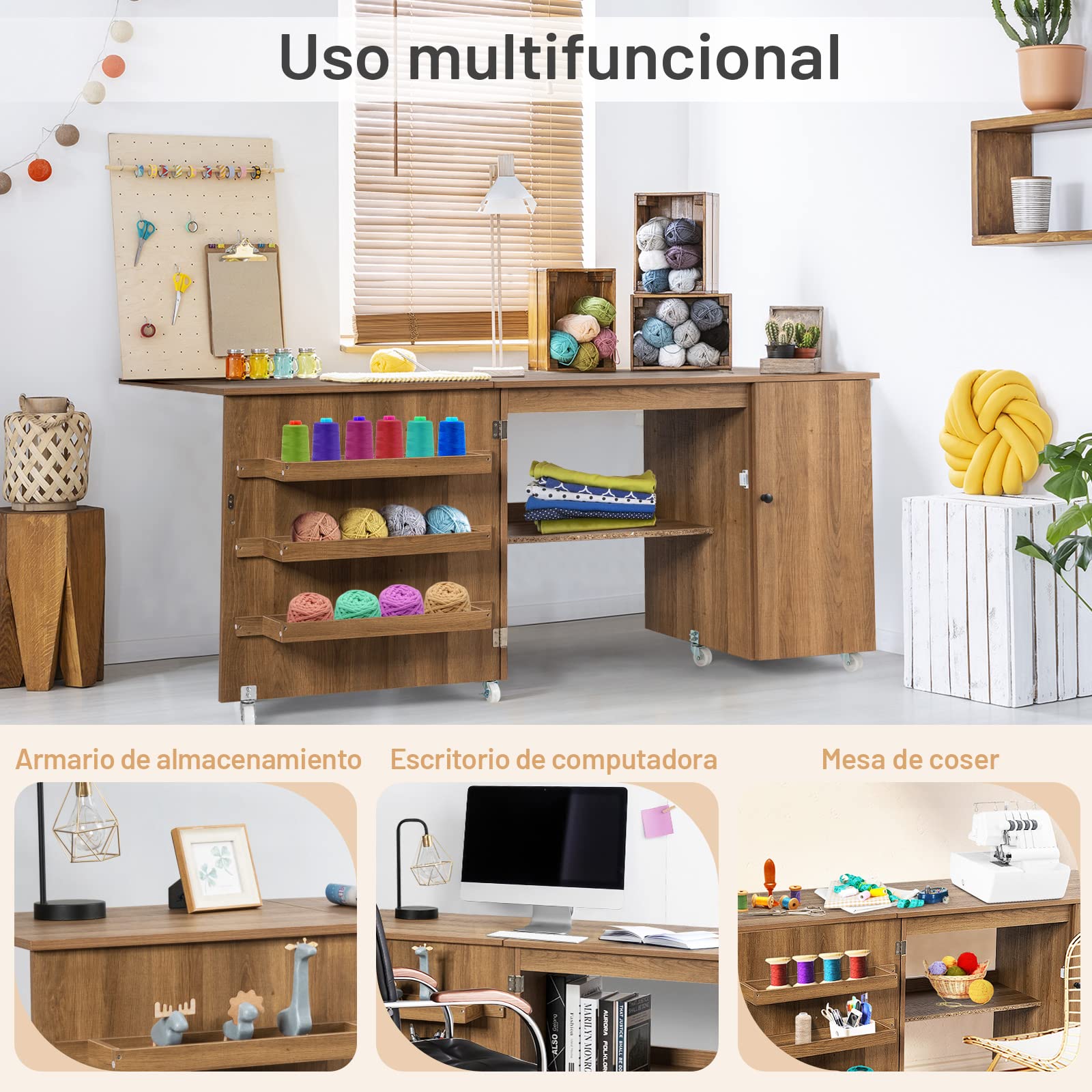 GOPLUS Mesa de Costura Plegable con 6 Ruedas Universales (2 Bloqueables), 3 Estantes y 1 Balda, 3 en 1 Armario de Costura, Mueble para Máquina de Coser para Dormitorio Salón Estudio (Natural)