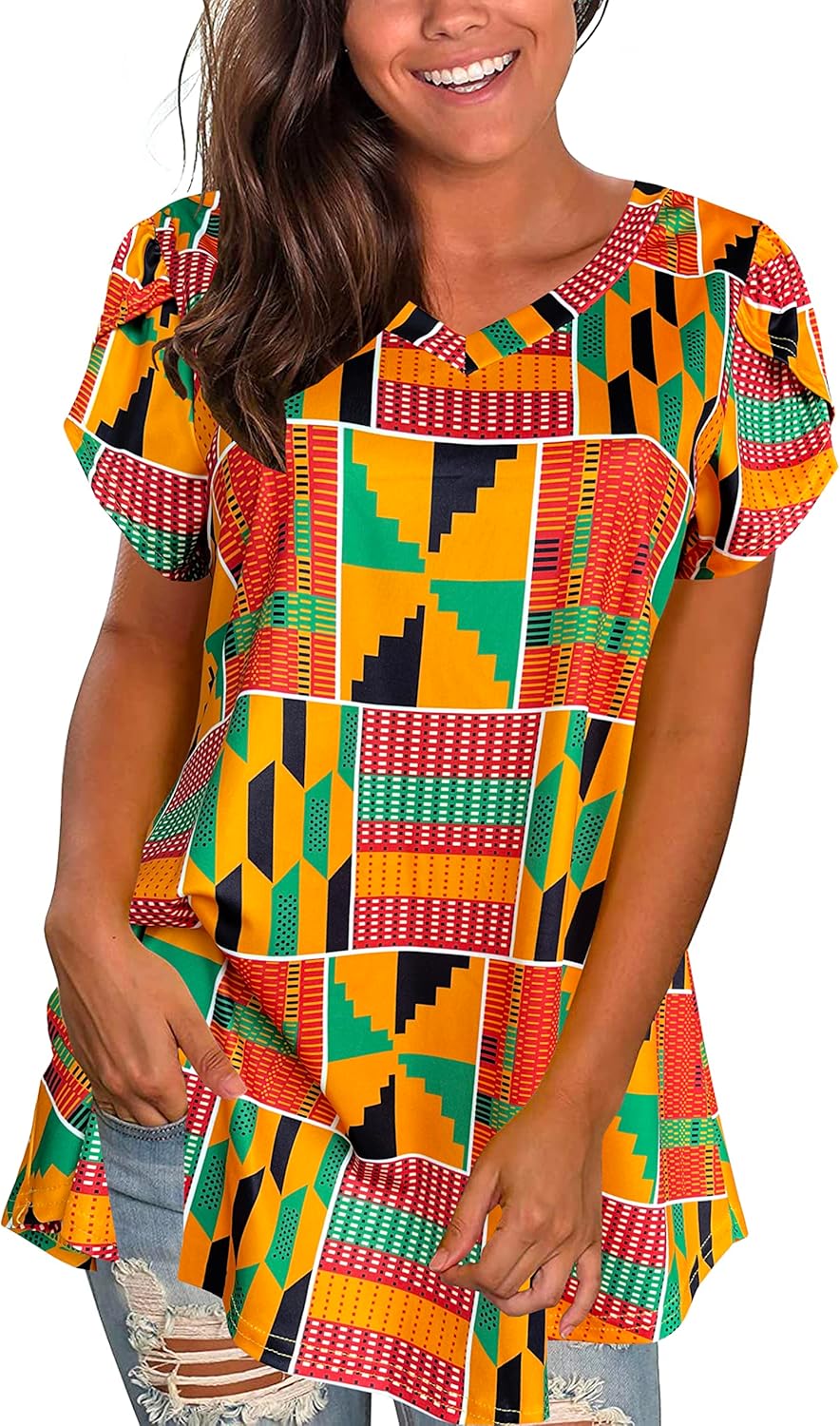 Afibi Womens Print Shirt African Dashiki Short Sleeve V Neck Loose Tunic Tops - Image 2