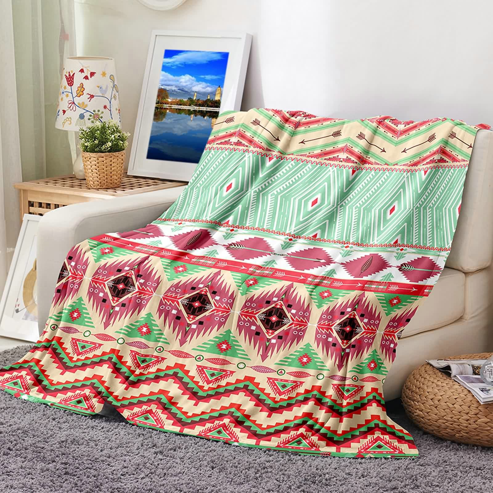 Aeici Koc polarowy, wełniany koc flanelowy 180 x 220 cm wzór w stylu etnicznym koc na sofę do salonu sofa łóżko