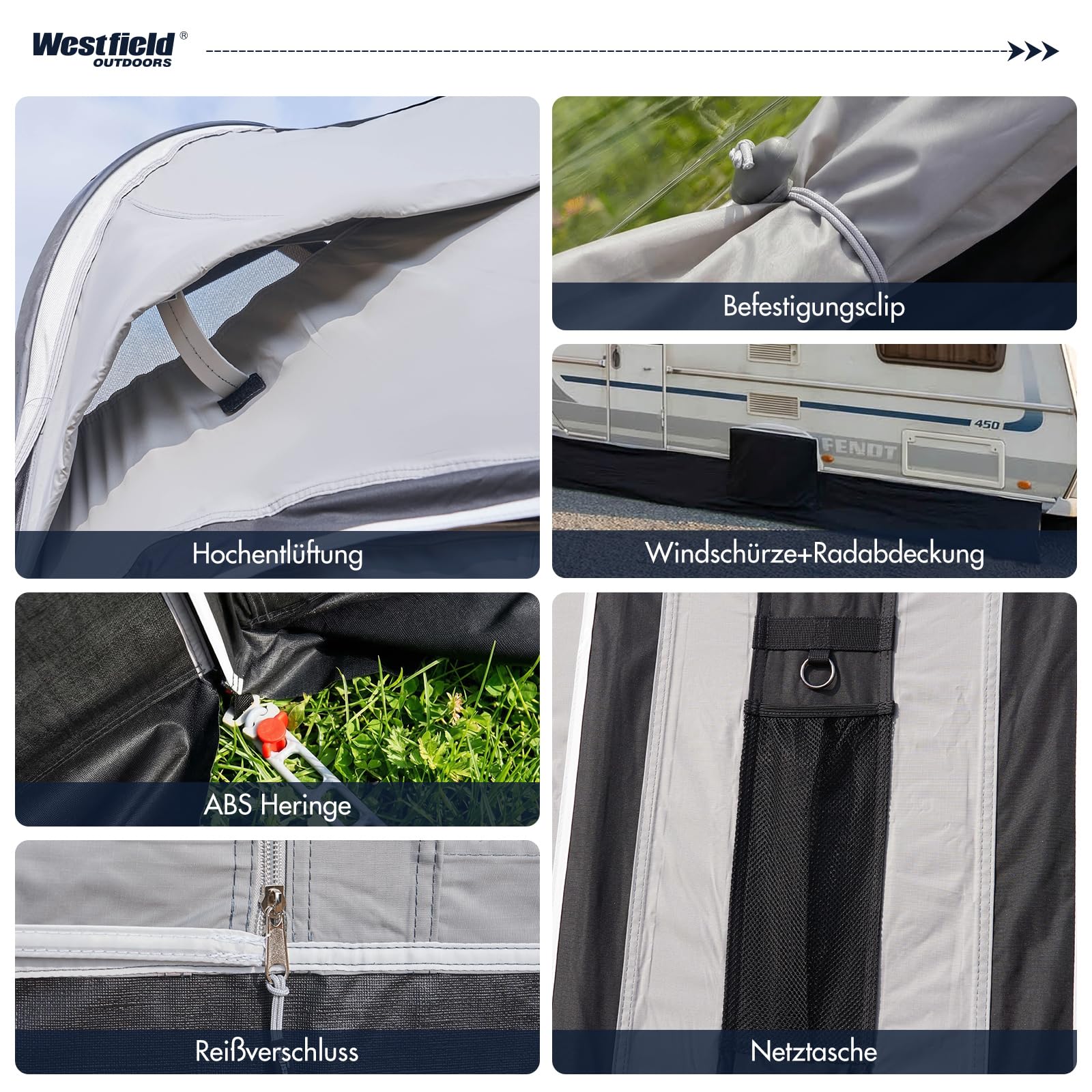 Westfield Outdoors Ceres 7, Aufblasbares Vorzelt für Wohnwagen, Höhe 235–260cm, B510 x T250 cm, 3000mm Wassersäule, UV- & windstabil, Abnehmbare Wände, EIN-Punkt-Aufblassystem, inkl. Luftpumpe