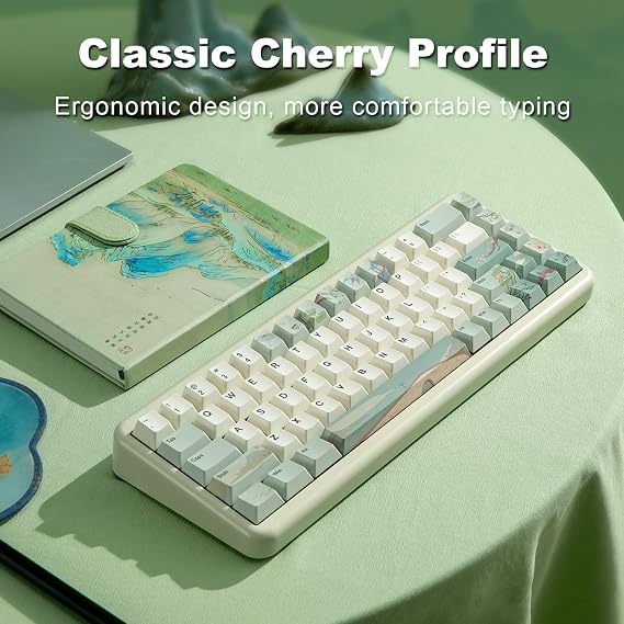 YUNZII Spring Tea Dye Sub PBT Keycaps,140 Full Keys Dye Sublimation PBT Custom Keycap Set with Key Puller for Cherry Gateron MX Switches Mechanical Gaming Keyboard (Cherry Profile, Spring Tea)