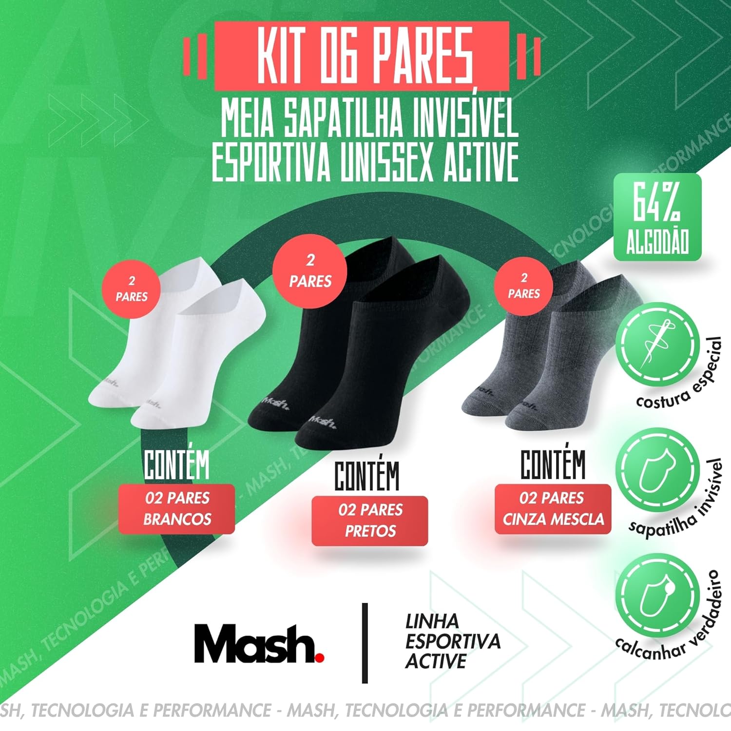 Kit 6 Pares Meia Sapatilha Invisível Mash com Faixa Tensora Esportiva Active Unissex Adulto em promoção! Veja a oferta e mais achadinhos de Moda íntima 2 Hoje é o melhor dia para comprar Kit 6 Pares Meia Sapatilha Invisível Mash com Faixa Tensora Esportiva Active Unissex Adulto com aquele preço maroto! Promoção! Aproveite a oferta! 2