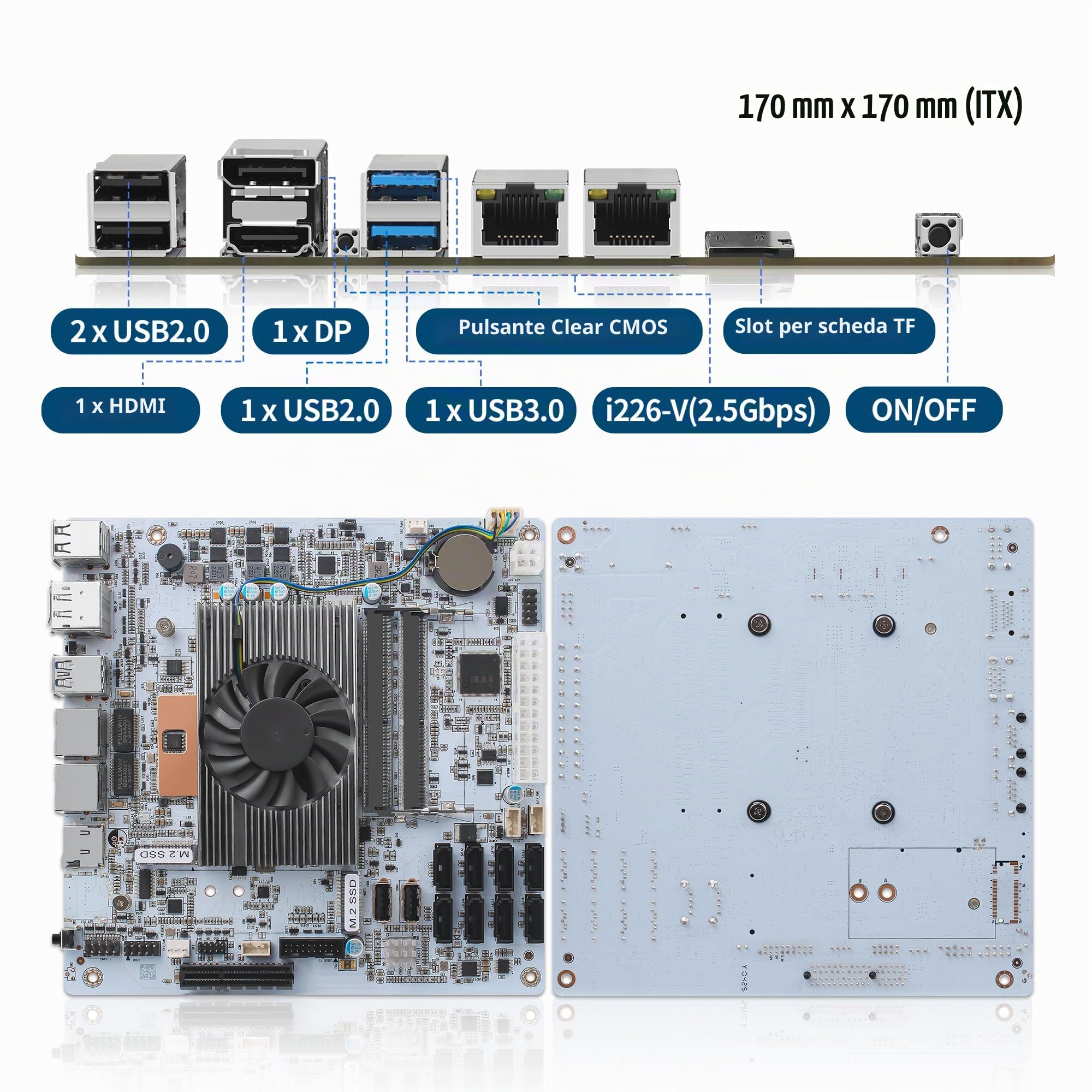 NAS Motherboard 8 Bay, Core i5 8265UES, 2 x i226-V 2.5GbE LAN, Mini ITX Mainboard, 8× SATA3.0, DDR4 PC motherboards, 2X M.2 NVMe(3.0 x2), TF, PCIE x4 (with I/O Shield)