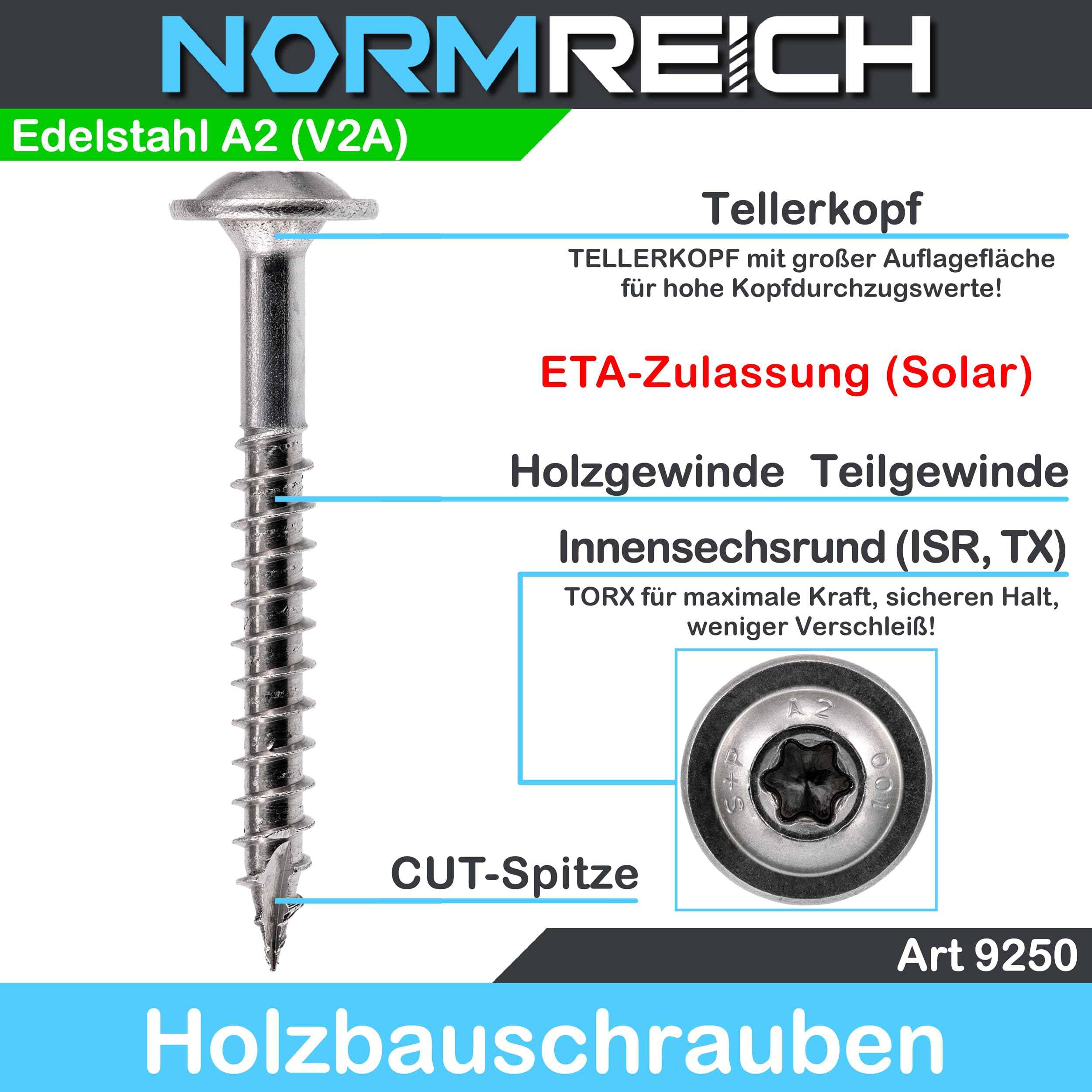 50 Stück Holzbauschrauben Tellerkopfschrauben Tellerkopf-Holzbauschrauben TORX Ø10,0x90 Edelstahl A2 (V2A) Art 9250 CUT-Spitze Tellerkopf Schrauben rostfrei, nichtrostend, INOX, Ni...
