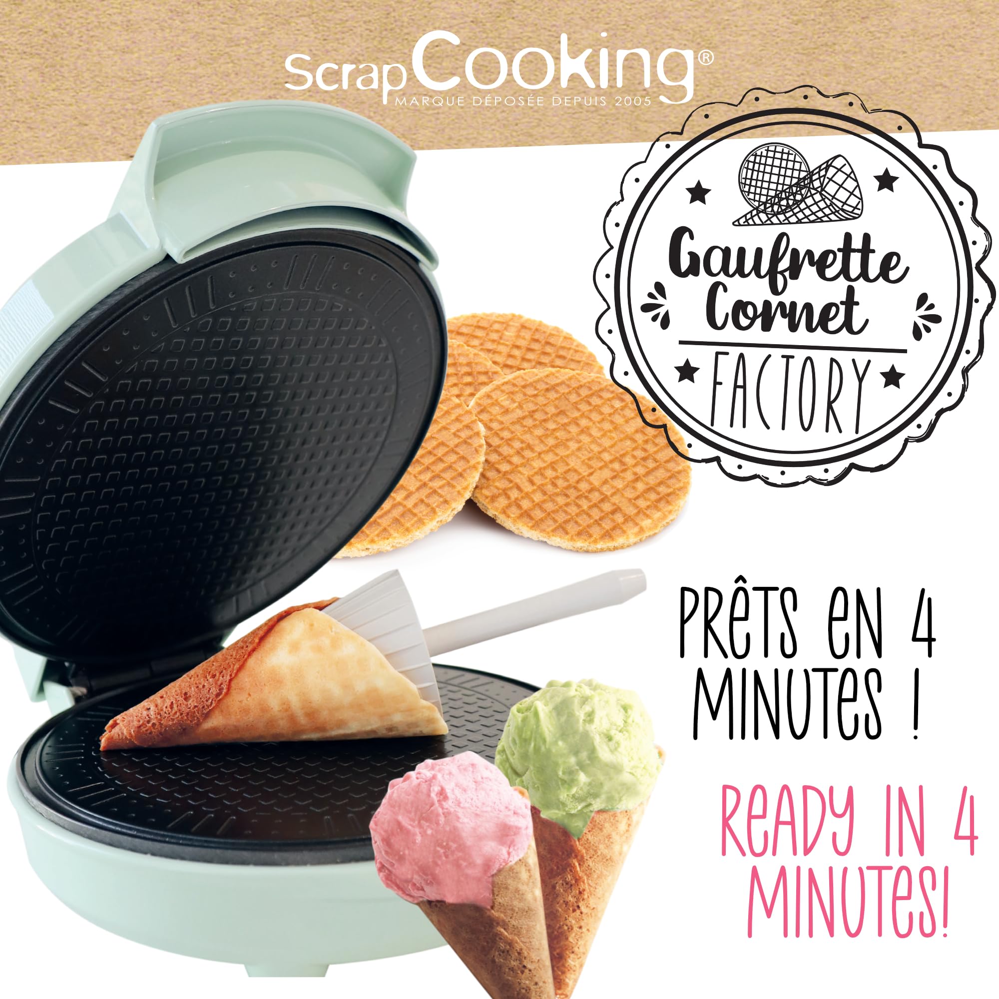 ScrapCooking - Wafers & Ice Cone Maker - Wafers & Cornet Factory - 2-in-1 Wafers & Tiles Maker - Baking Gift Kitchen - Recipe Included - 3883