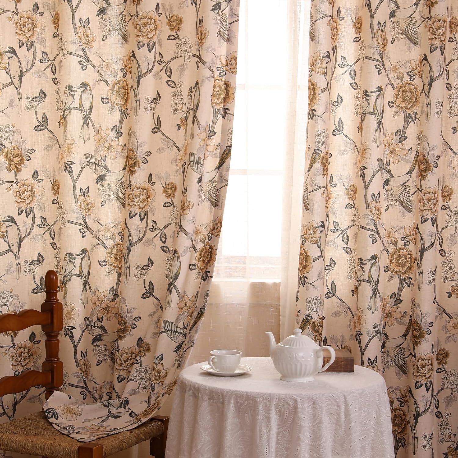 ISAENNE Vintage Beige Semi Blackout Curtains with Grommets,Floral and Bird Pattern Linen Home Decor Curtain for Kitchen Living Room Bedroom Window,2 Panels 53 Inches Wide by 79 Inches Long -Murad