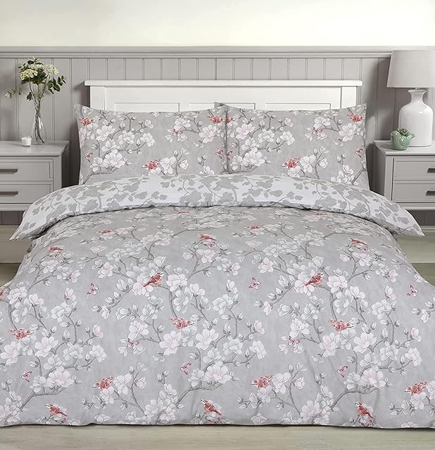 Night Comfort Duvet Cover Set with Pillowcase - Toile Floral Butterflies Print Polycotton Luxury Reversible Bed Set Quilt and Pillow Cover (Chinoiseries Birds-Grey, King)