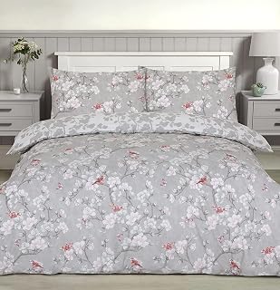 Night Comfort Duvet Cover Set with Pillowcase - Toile Floral Butterflies Print Polycotton Luxury Reversible Bed Set Quilt and Pillow Cover (Chinoiseries Birds-Grey, King)