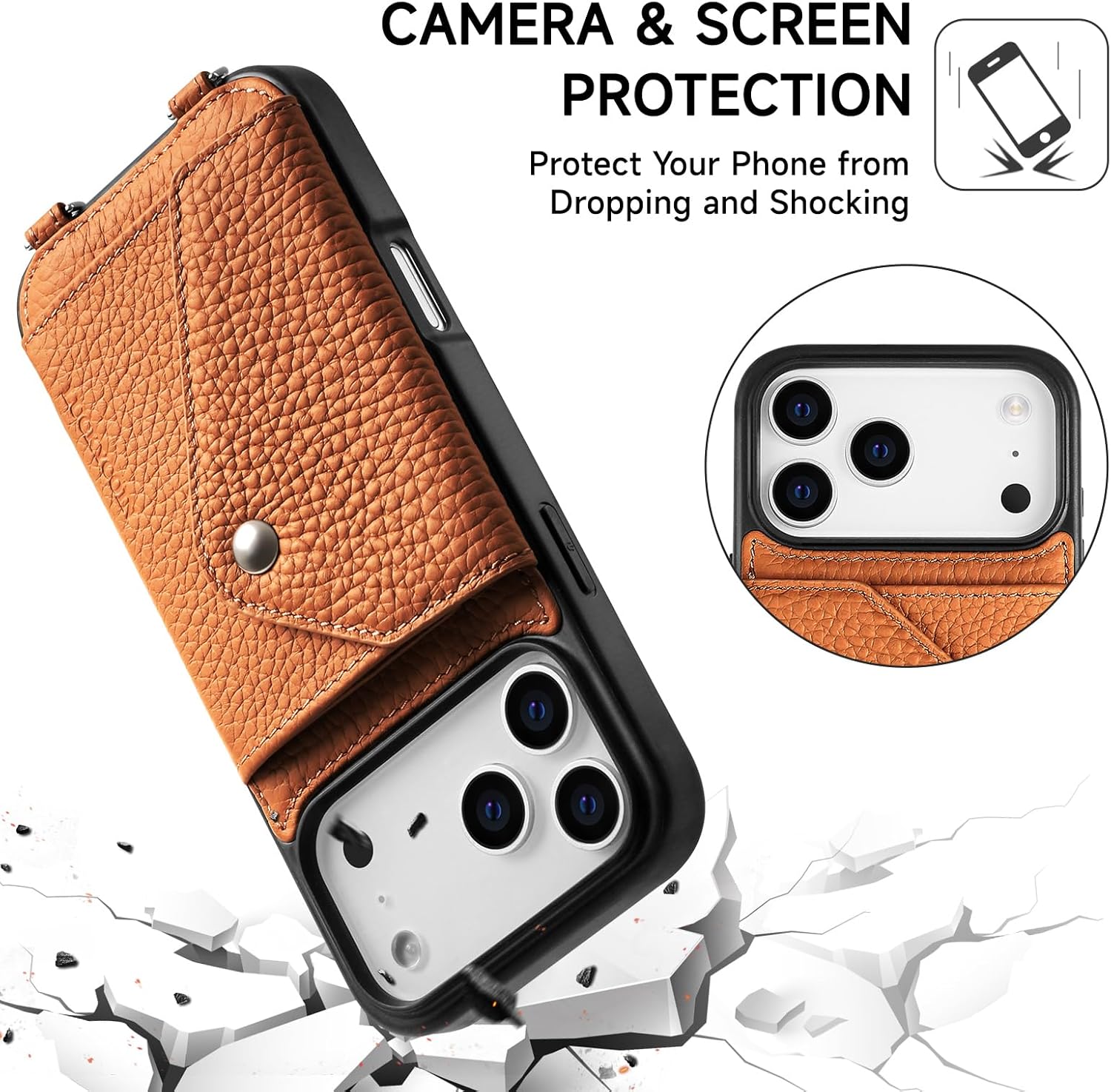 LUCKYCOIN Crossbody Phone Case for iPhone 17 Pro Max,100% Genuine Leather Phone Wallet Case for Women, Premium Hands-Free Phone Purse with Expandable Flip Card Holder & Adjustable Strap - Pebble Brown