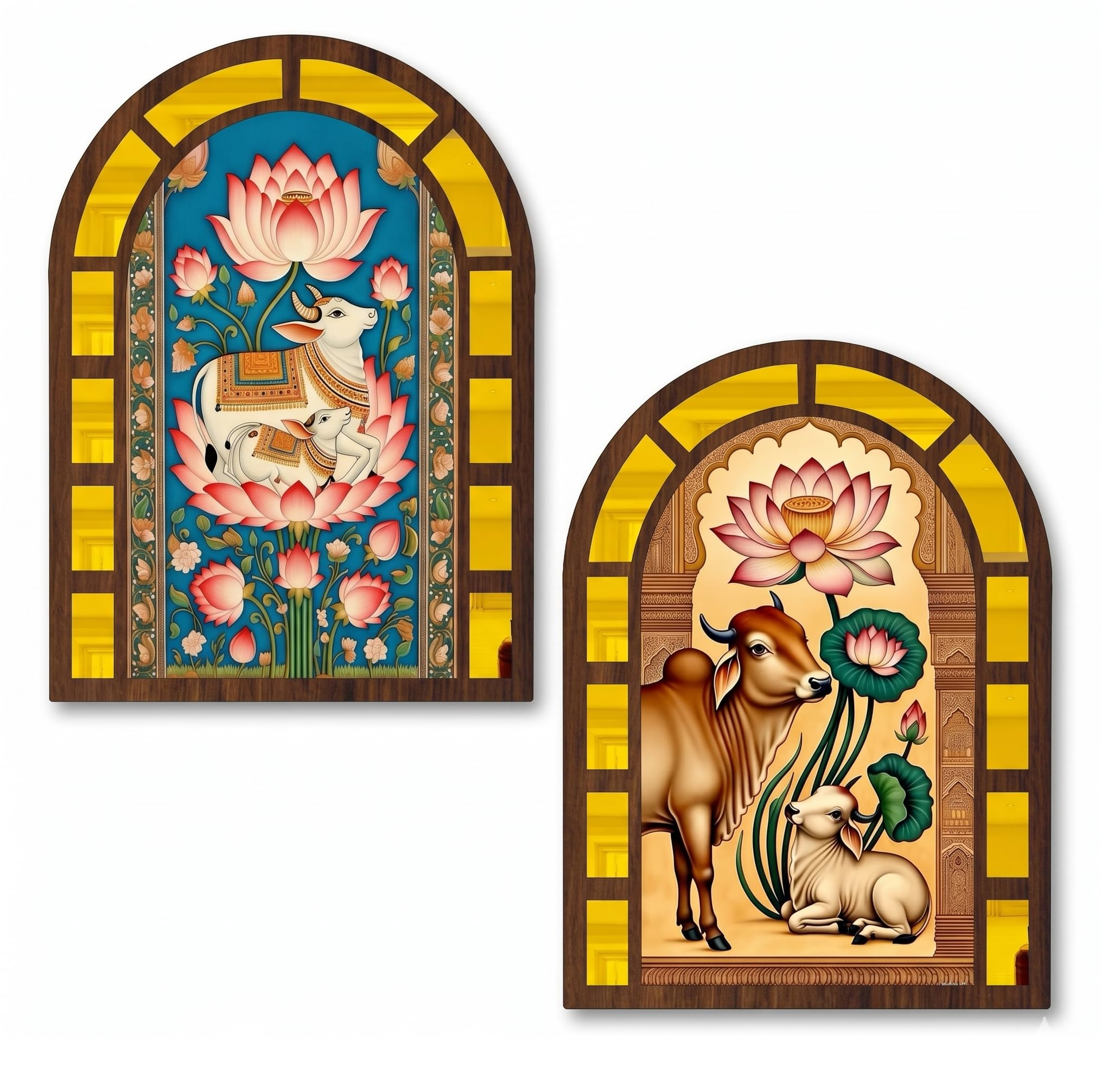 Wooden Jharokha Mirror Wall Decor Set of 2 | Home Decoration Items for Living Room & Hall | Traditional Wall Hanging Decoration Items for Bedroom (15.5x11.5) Cow Print Jharoka-image-28