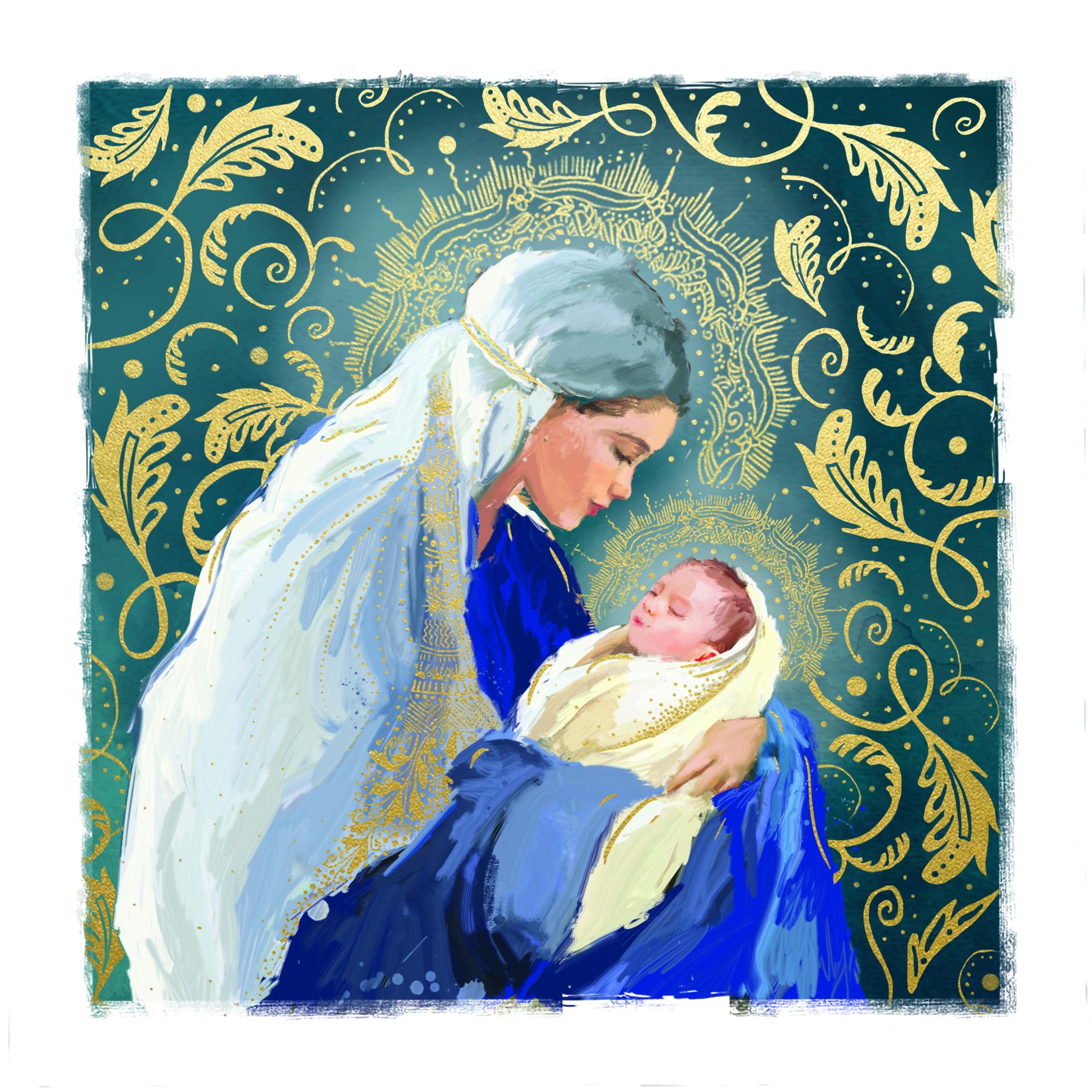 Festive Art Premium Box of 10 Christmas & New Year Cards - 16 x 16cm - Matt Finish with Gold Embossed Detail - Great British Card Company (Madonna and Child)