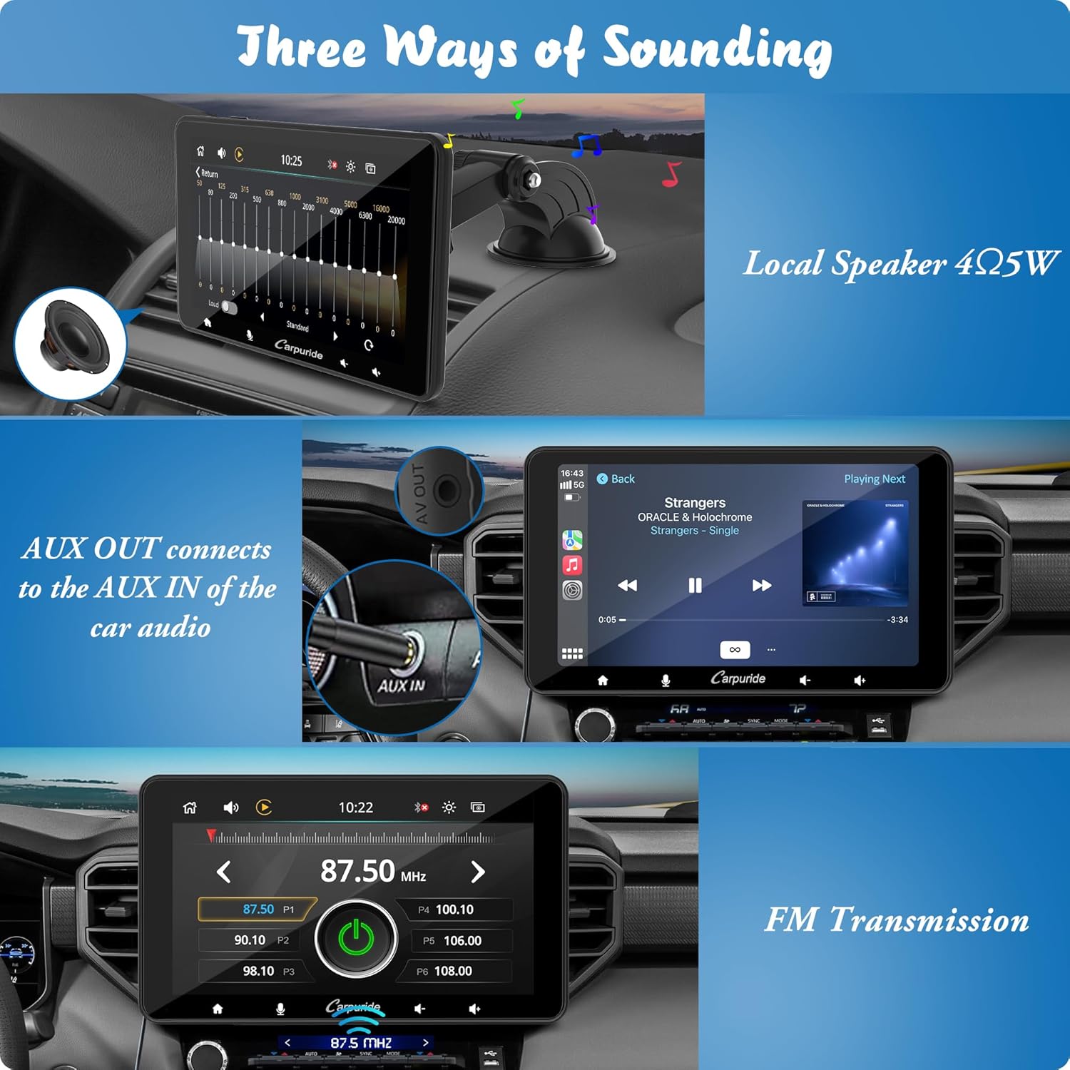 Image showing three ways of sounding: Local Speaker, AUX OUT connected to car's AUX IN, and FM Transmission with frequency display.