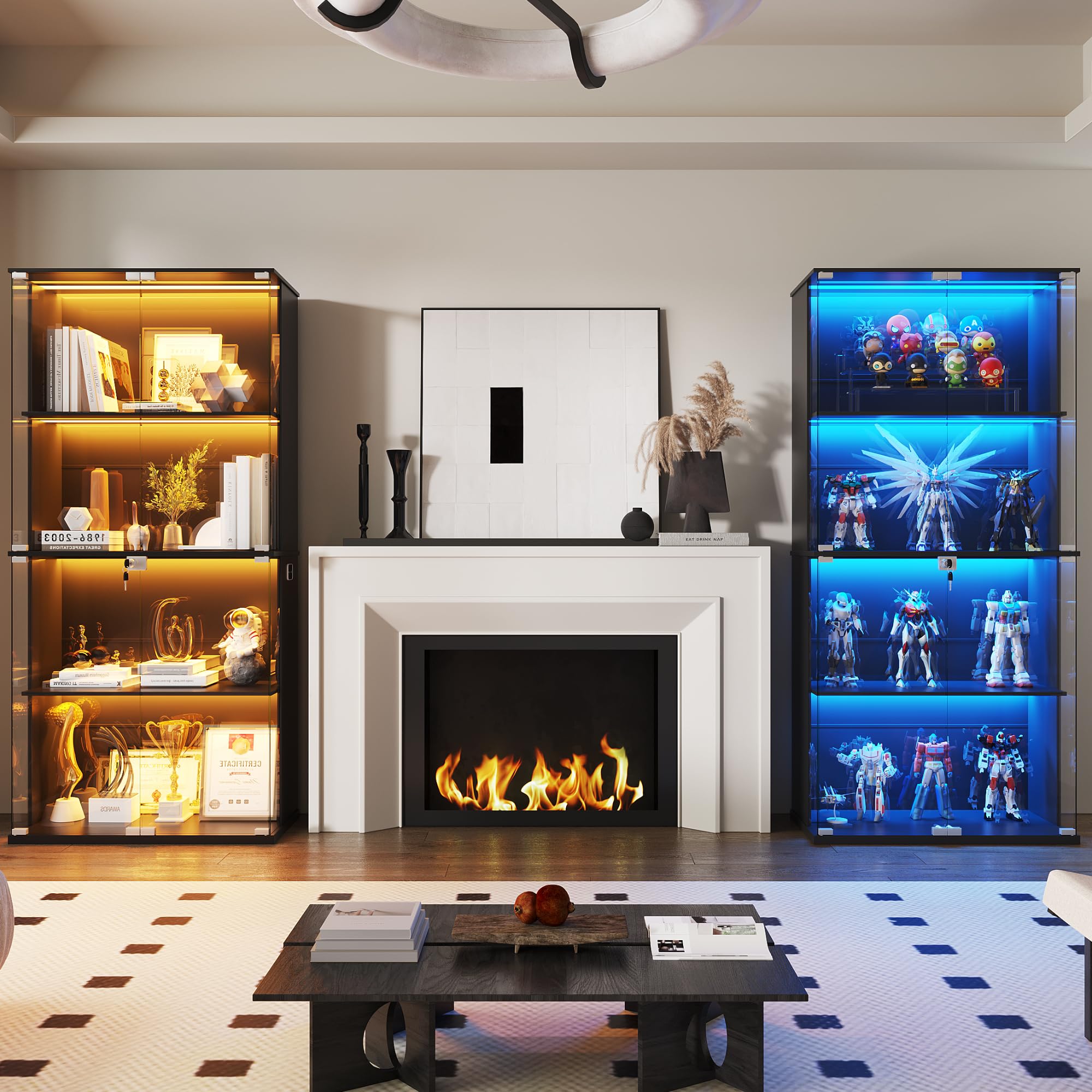 Gurexl 168 CM Vitrina de Cristal con LED luz y Sensor de Movimiento,Vitrinas de 4 Niveles para Colecciones con Puerta de Cristal con Cerradura,Curio Vitrina para Sala de Estar,Coleccionables,Negro