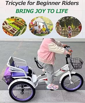 Pedal Tricycle for Kids,Outdoor Cruiser Bikes with Passenger seat,3 Wheel Bicycle with Front and Rear Basket,Rickshaw Bike,Toddler Tricycle with pushrod,Single Brake