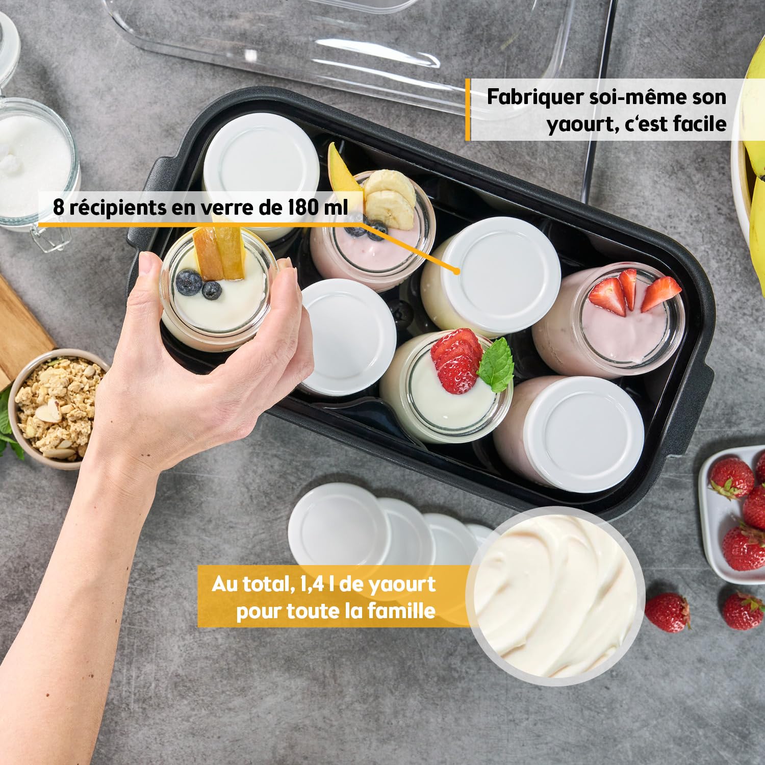 TZS First Austria - Yaourtière électrique 25W avec 8 pots en verre de 180 ml pour jusqu'à 1,4L de yaourt fait maison - Avec température de 20-55°C, arrêt automatique et écran LCD - Blanc