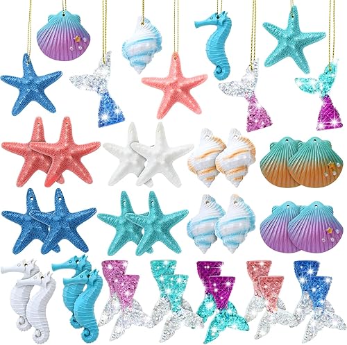 Yerliker 36 adornos de Navidad costeros de sirena, playa, adornos para árbol de Navidad, diseño de estrella de mar con temática oceánica, conchas de