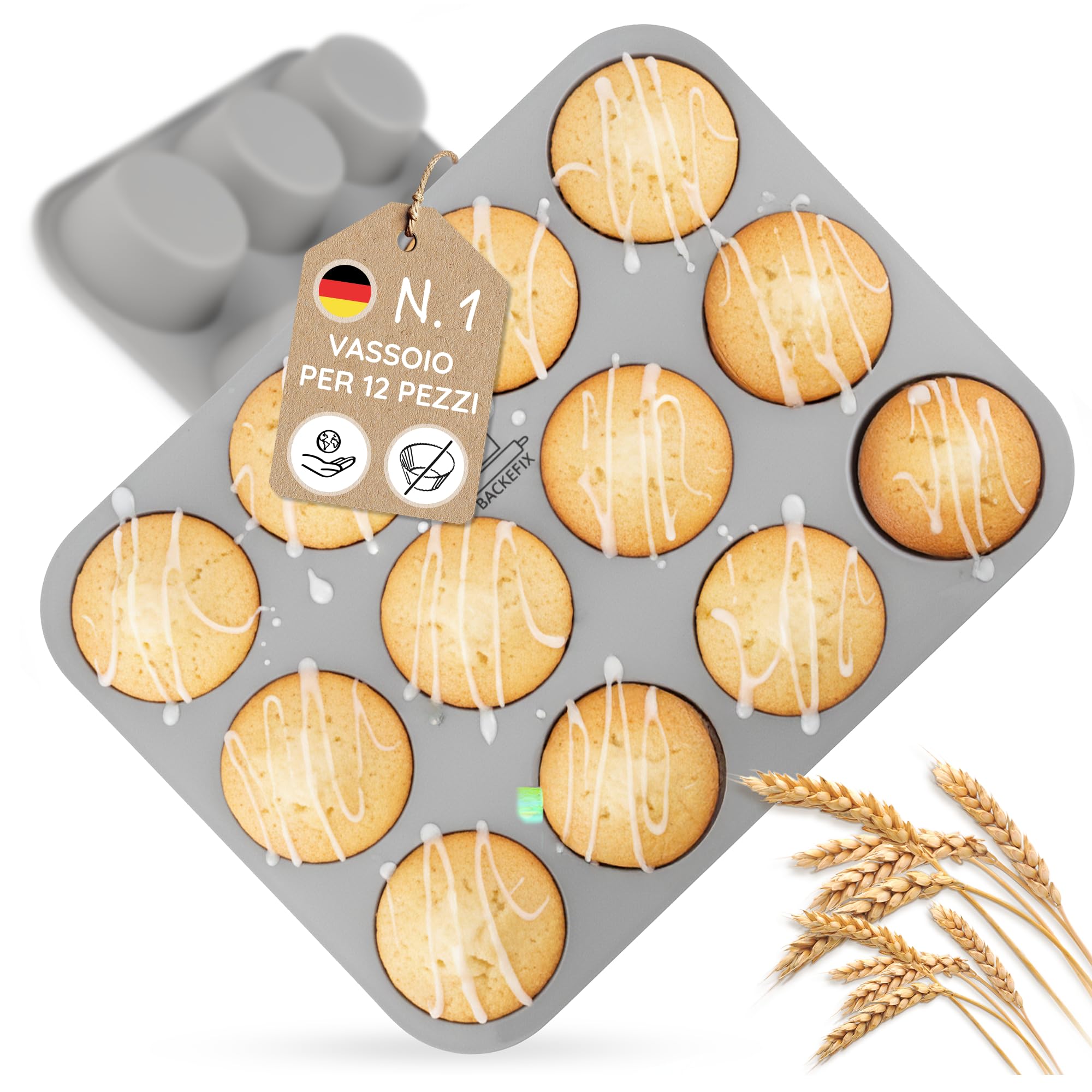 Backefix teglia per muffin in silicone 12 Flexi – stampo per muffin con 12 cavità, 80 ml ciascuna, antiaderente, senza pirottini, silicone platino, senza BPA & PFAS, lavabile in lavastoviglie, grigio