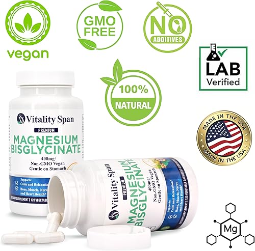 Miniatura 2 de Glicinato de magnesio 400 mg, magnesio quelatado para relajación y ayuda para dormir, extra fuerte, con óxido de magnesio, suave para el estómago,