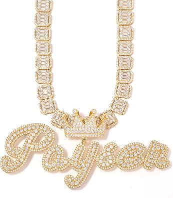 Iced Out Custom Name Necklace Personalized with Cuban Link Chain for Men and Women, Hip Hop 14k Real Gold Plated Initial Letter Pendant Necklaces, Handmade Customized Nameplate Jewelry for Rappers