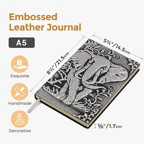 Miniatura 3 de Cuaderno de cuero con relieve de elefante, cuadernos vintage hechos a mano en 3D con papel rayado, cuaderno de bocetos de cuero antiguo, diario de