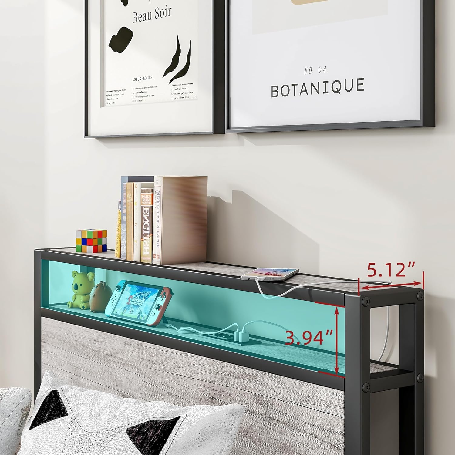 BOFENG Twin Bed Frame with Wood Storage Headboard/USB Charging Station,Heavy Duty Metal Single Platform Bed Frames No Box Spring Needed,Heavy Duty Metal Slats,Noise Free,Greige