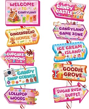 20 Pcs Candyland Party Decoration, Welcome to Lollipop Woods Candyland Backdrop Signs for Party Decoration, Candy Snap Corner Street Photo Booth Props for Party Supplies
