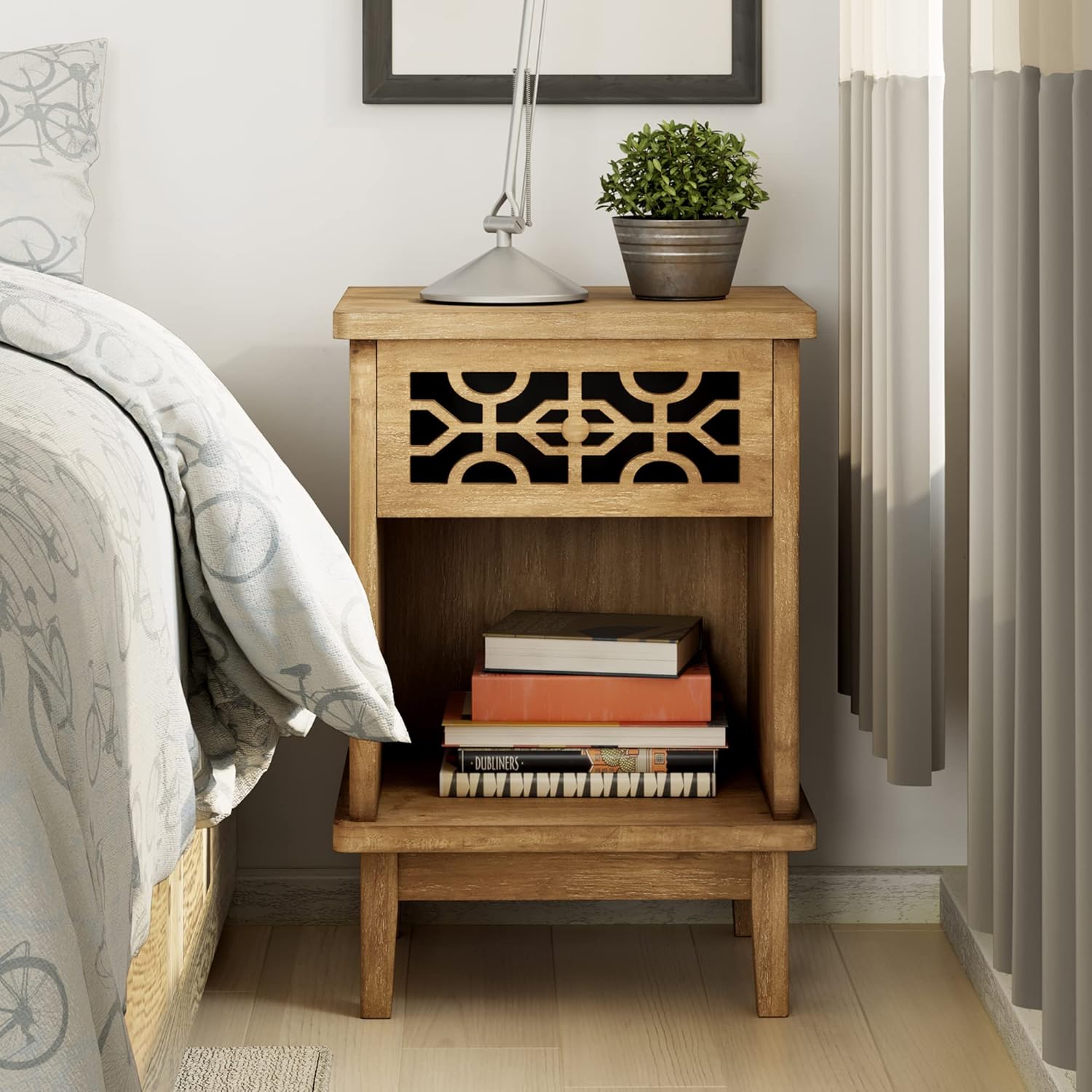 COZAYH Retro Rustic Nightstand Solid Fir End Table Side Table with Hand Carved Front and Open Shelf for Boho, French Country, Farmhouse Style, Natural