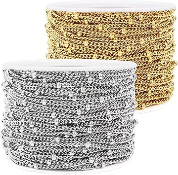32.8 FT Stainless Steel Curb Thin Chain Twisted Link Cross Cable Chain 2mm Satellite Beaded Chains Gold & Silver Plated for DIY Jewelry Making