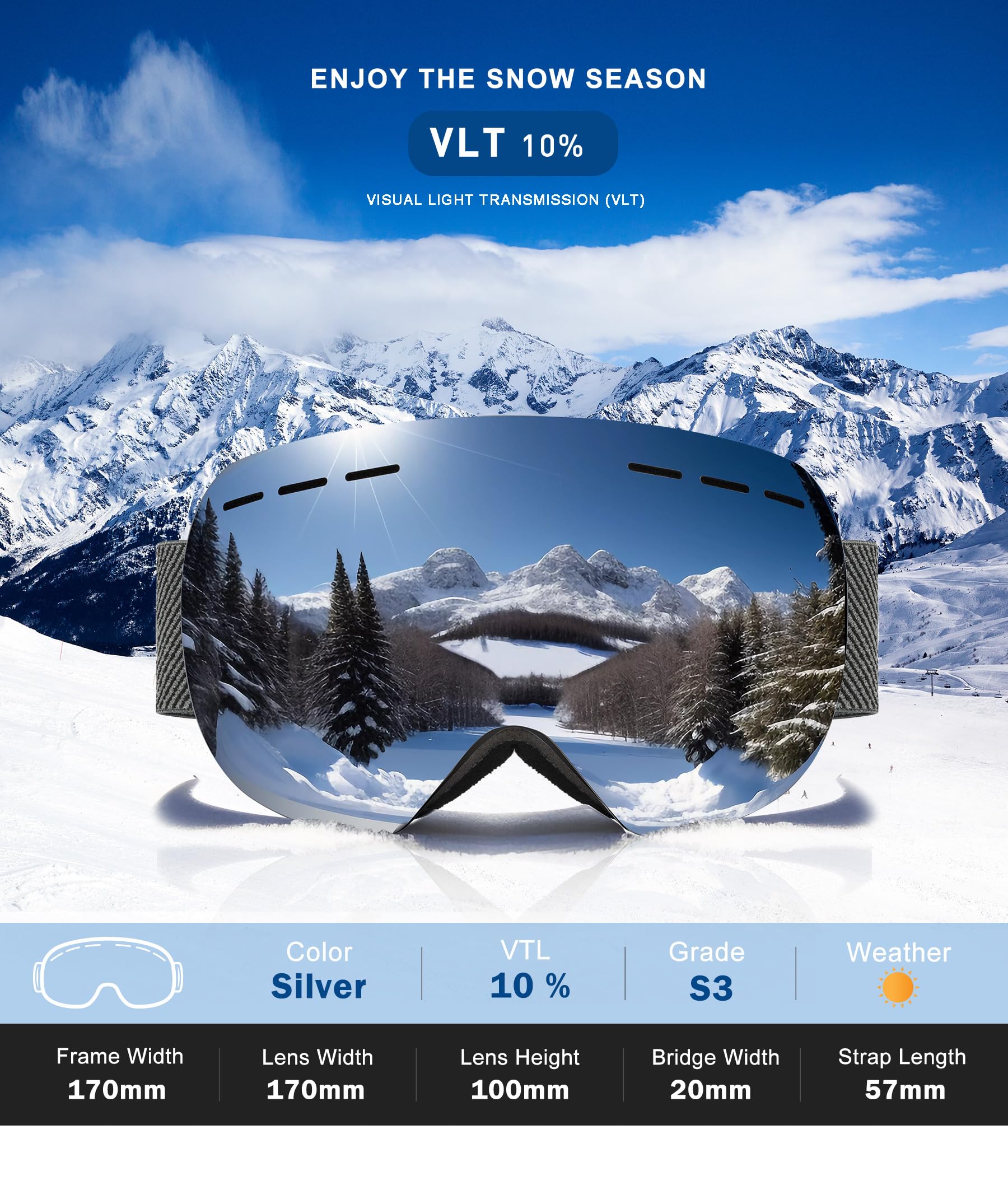 NSSIW Lunettes de ski OTG pour hommes, femmes, jeunes, avec protection anti-buée et protection UV