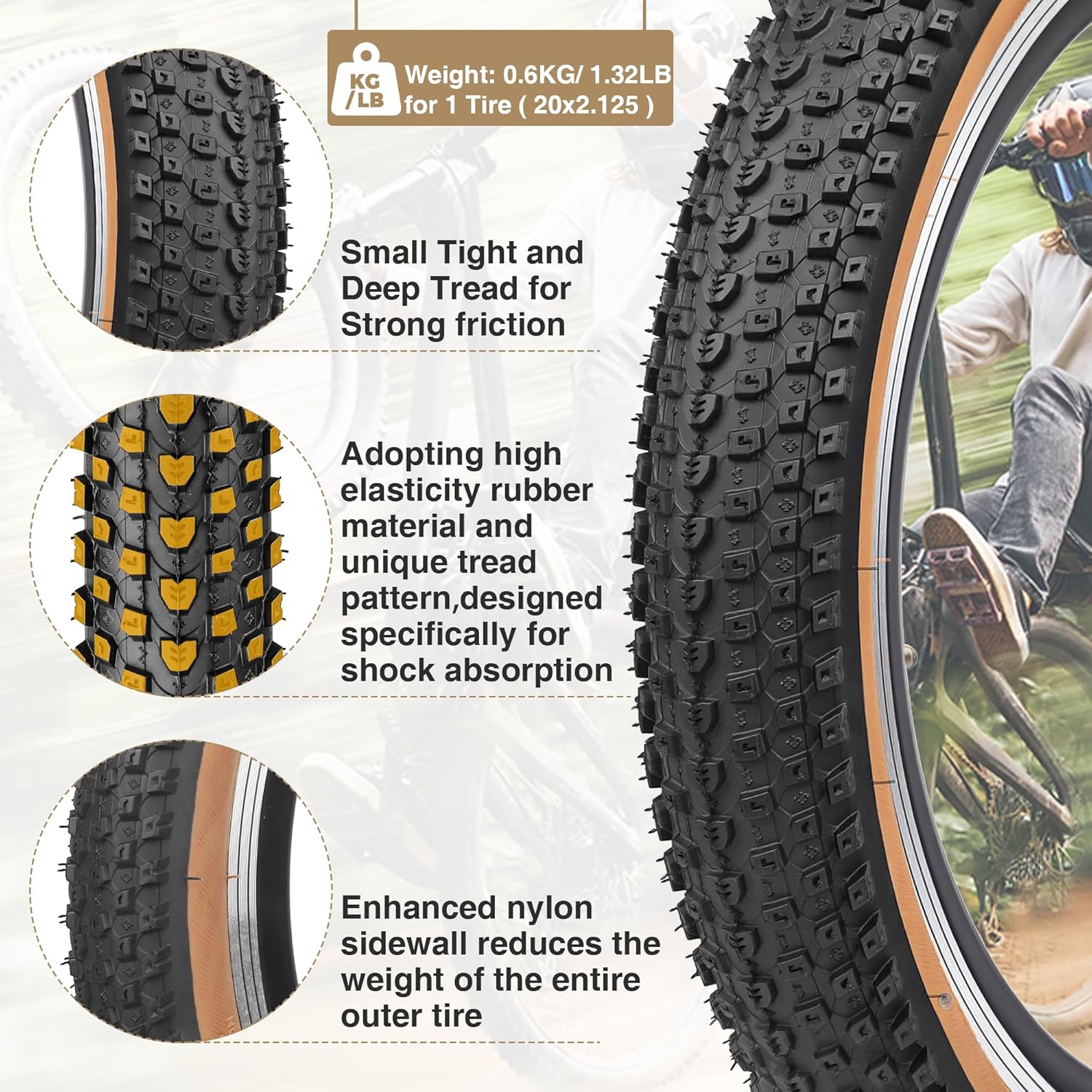 WEEROCK MTB Bike Tire Two Pack 20/24/26/27.5/29 Inch Tire Folding Bead Replacement Tyre, 2.125 Inch Wide Mountain Bicycle Tires with/Without Inner Tubes, Black/Brown Wall Side