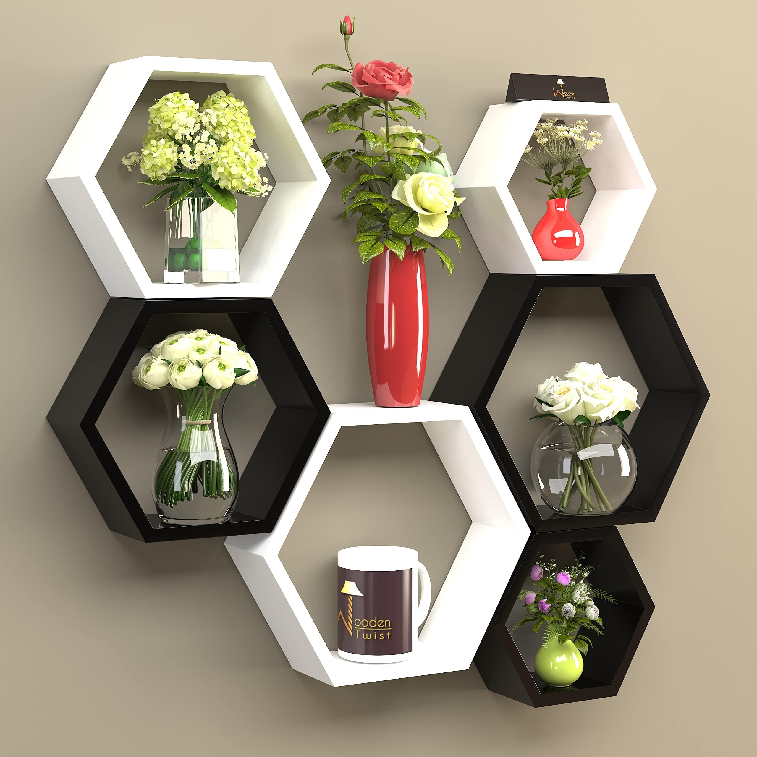 Onlineshoppee Wooden Twist Modern Wall Mounted Shelves (Set of 6) Wooden Oval Shape Racks for Home Decor Black & White Floating Storage Shelves for Living Room Bedroom & Office