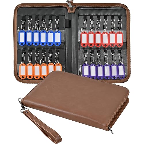 Zippered Key Case Organizer with 24 Hooks and Tags Leather