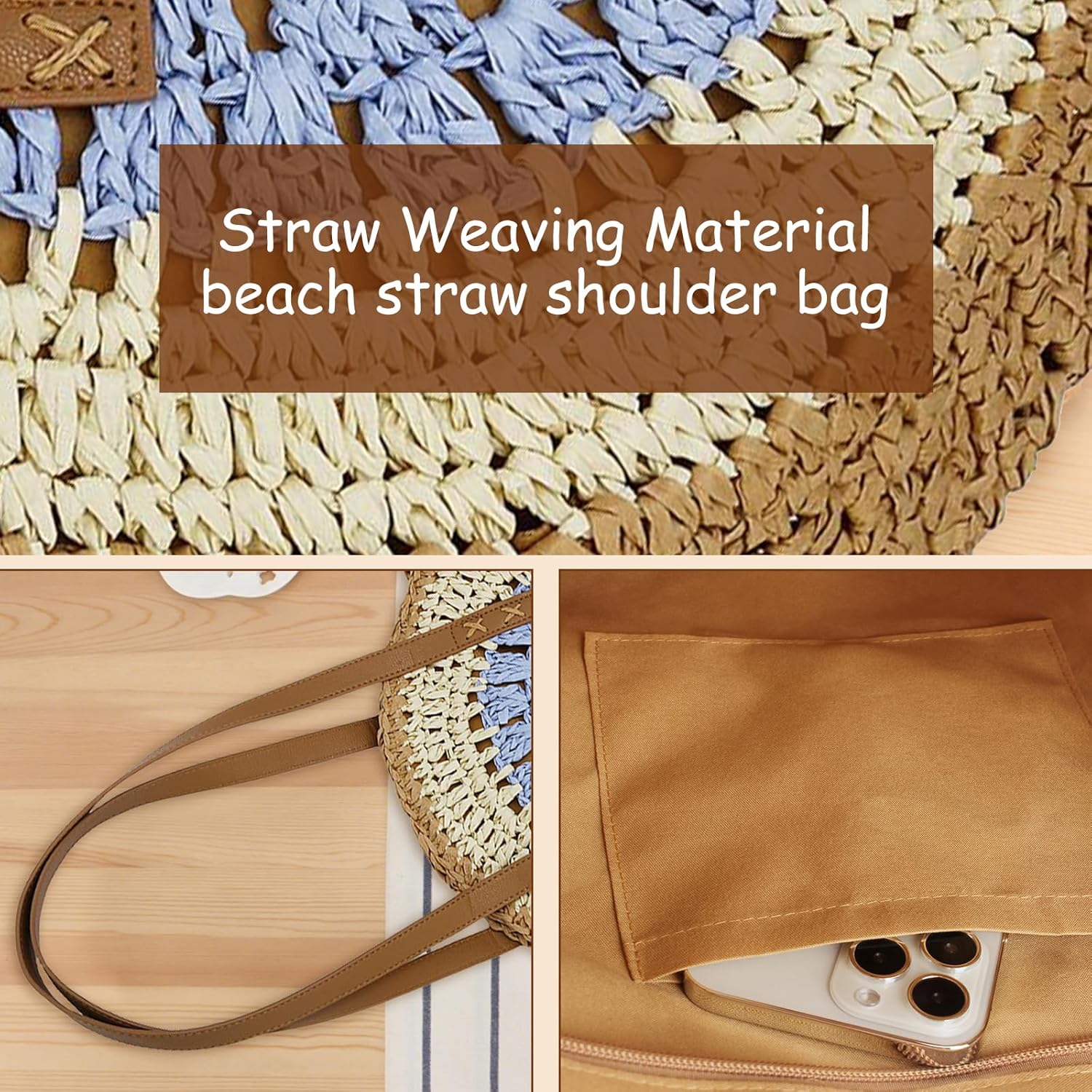 YYW Round Straw Bag Handwoven Natural Summer Beach Shoulder Bag Rattan Crossbody Purse for Women