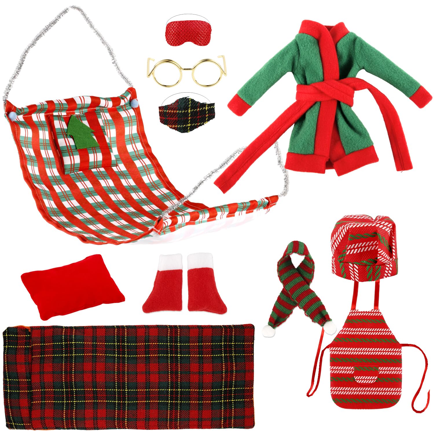 Set of 10 Christmas Elf Doll Kit Accessories, Including Elf Doll Bathrobe Chef Hat Apron Sleeping Bag Eyeglasses Scarf Socks Pillow Hammock Dollhouse Christmas Decorations