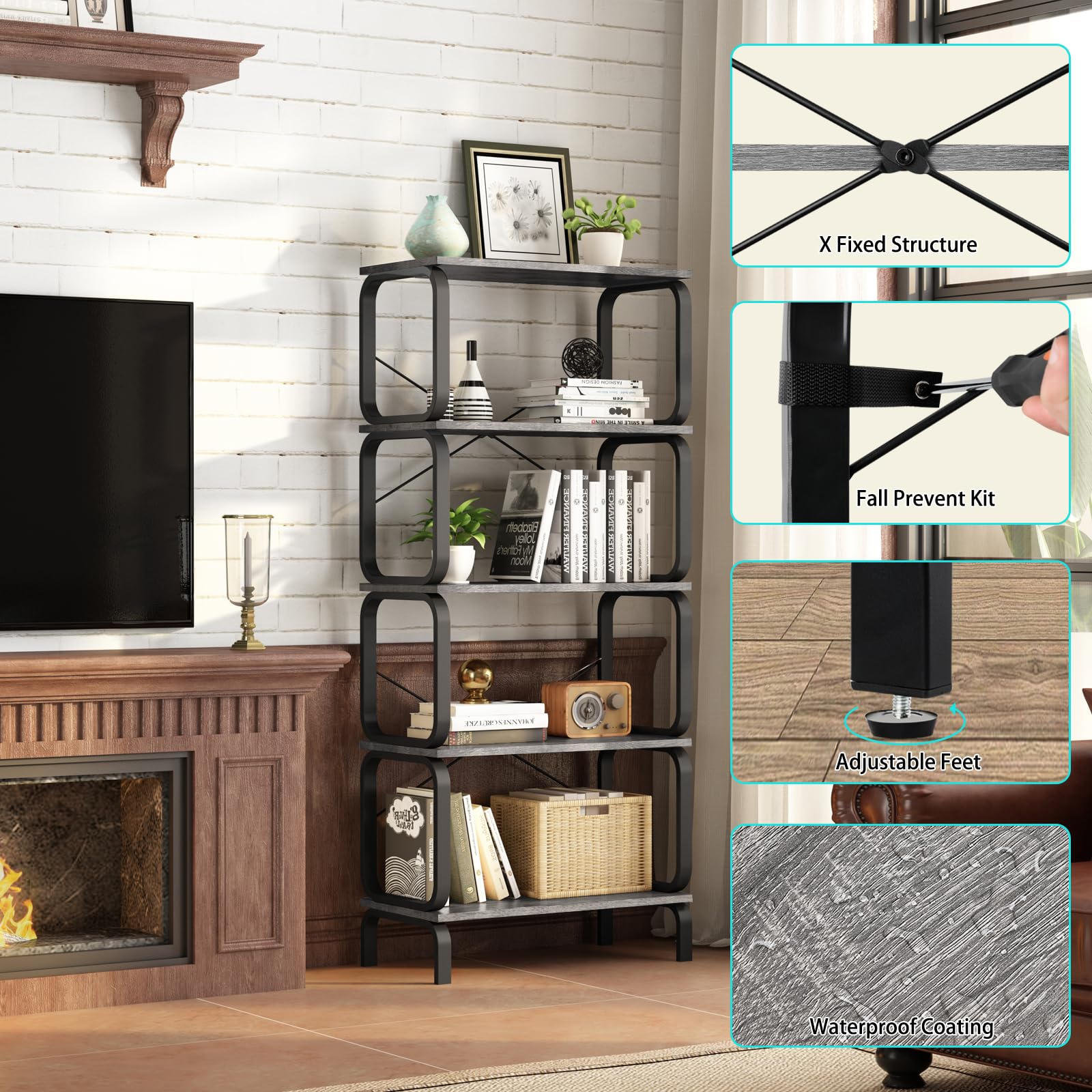 Zbet 5-Tier Industrial Vintage Bookshelf, 5-Shelf Bookcase, Tall