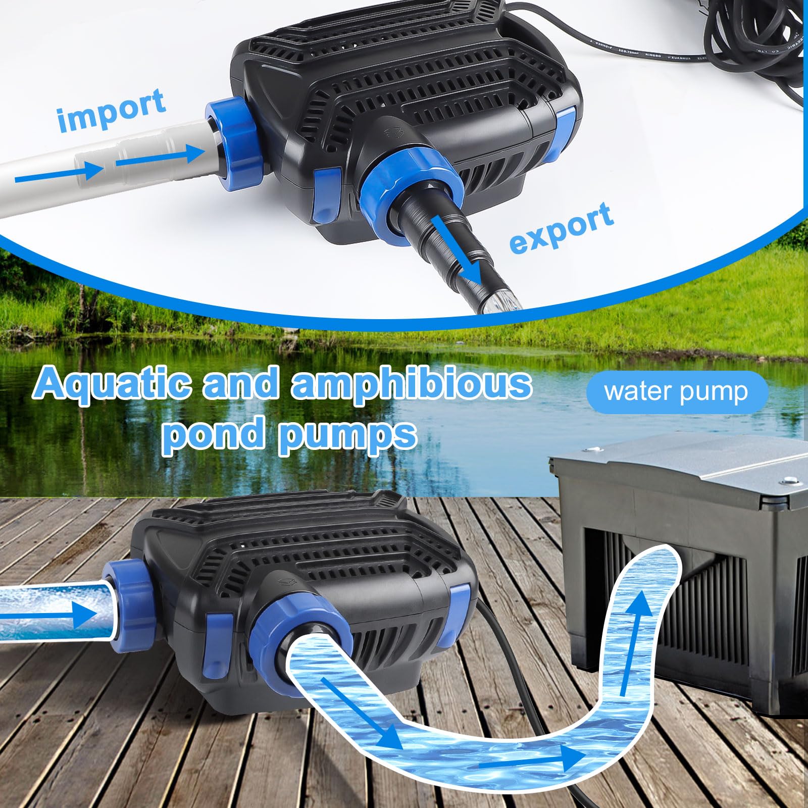 EXLECO Eco Teichpumpe Filterpumpe 40W max. 6000L/H Teichfilter Energiesparende Bachlaufpumpe für Gartenteich Teich Pumpe mit filter Kabellänge 10M Umwälzpumpe für Außen Wasserfall Bachlauf Koiteiche