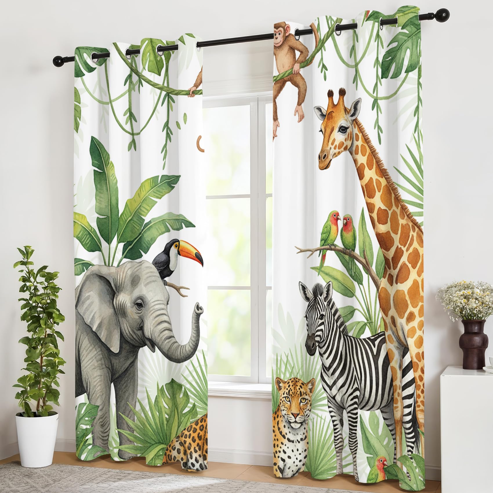 Rideau Occultant Thermiques Animaux de La Jungle Enfant - Lot de 2 Rideaux Imprimé pour Salon Chambre Fenetre Cuisine, Rideaux et Draperies Intérieurs à Oeillets, 140x200 cm (LxH)