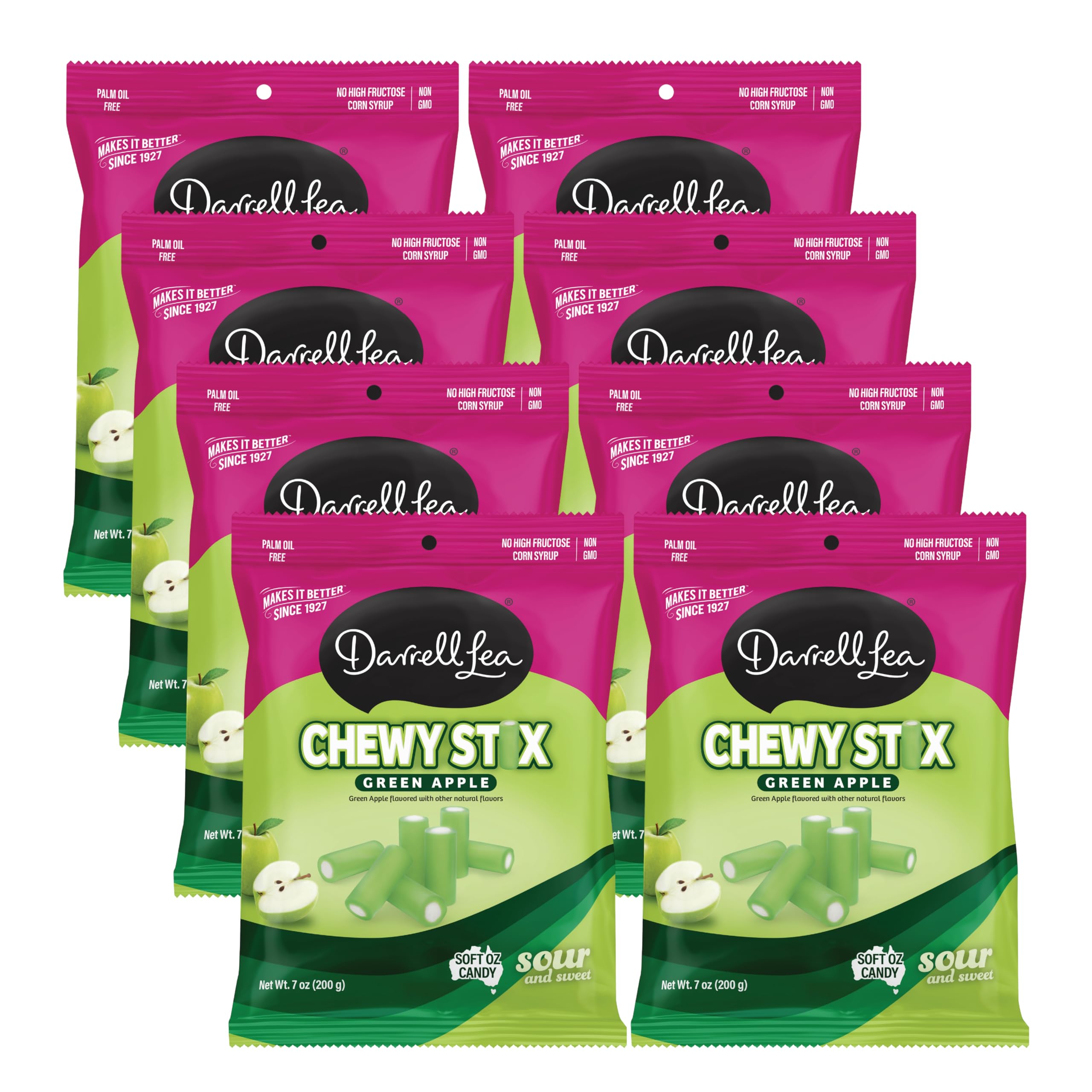 Darrell Lea Chewy Stix, Soft & Tangy, Palm Oil Free, Made in Australia, Shareable (Sour Apple, 7 Ounce (Pack of 8))