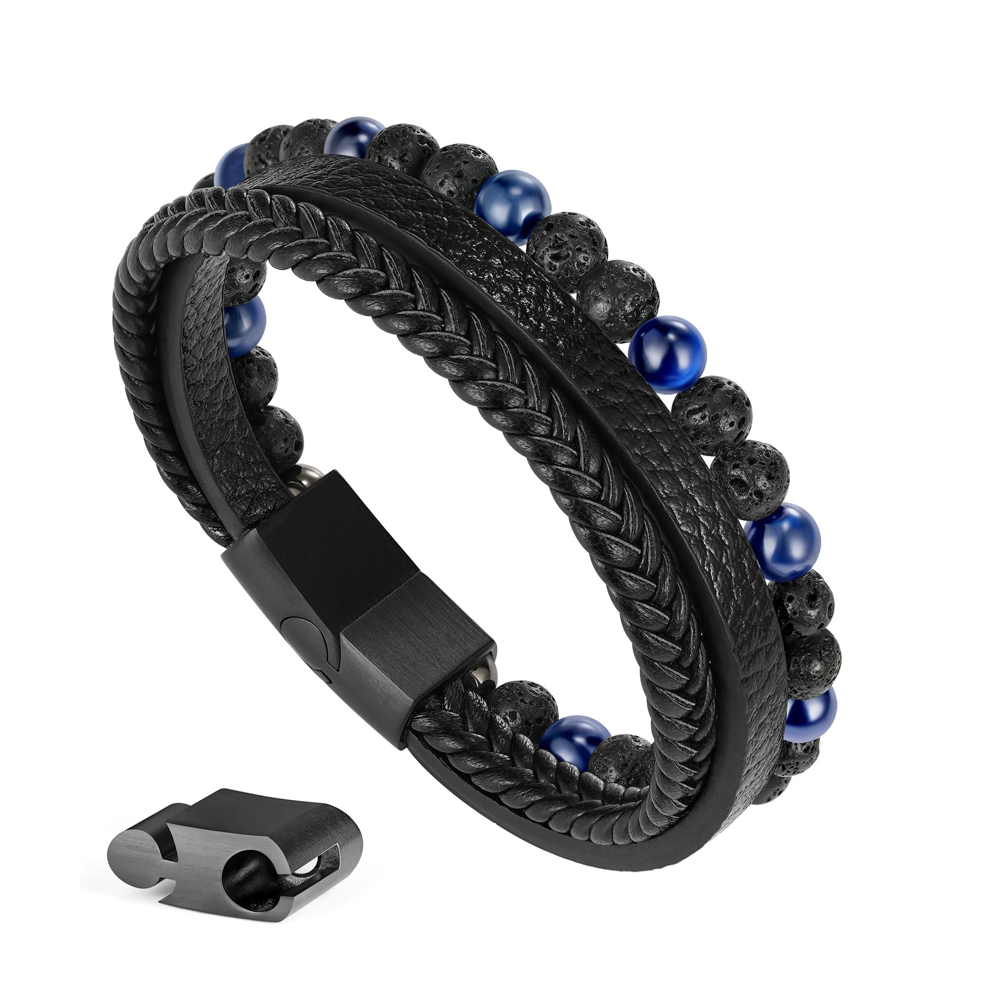 Ailetop Gifts for Men - Mens Bracelet, Braided Leather Beaded Bracelets Mens Jewelry 6mm Tiger Eye Lava Rock Stone Handmade Bracelet With Adjustable