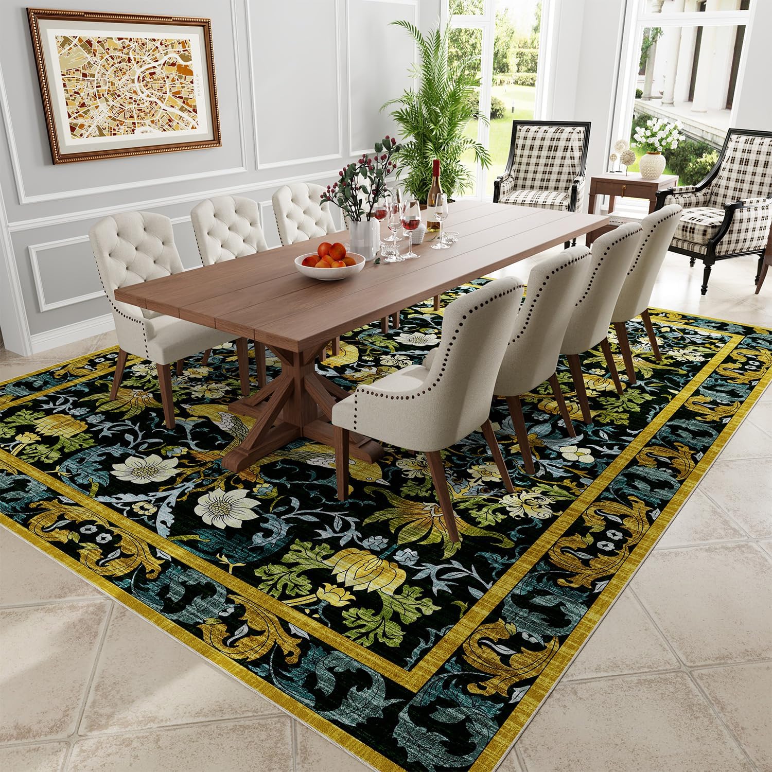 Topllen Washable Area Rug - Area Rug 8'x10' Boho Soft Living Room Rug, Non-Slip Large Area Rugs Indoor for Dining Room Livingroom Bedroom, Vintage Rug (Dark Green, 8x10ft) Dark Green 10' x 8' (Rectangular)