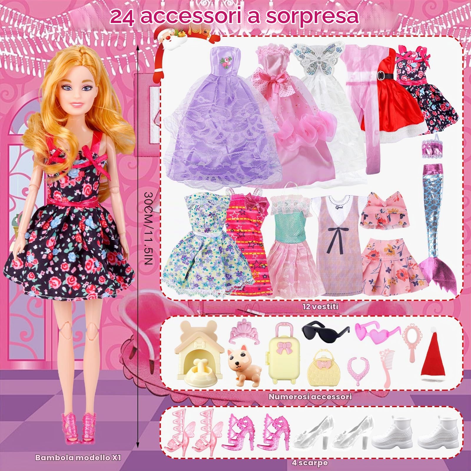 Calendario dell'Avvento 2025 Bambina Bambole- Bambole Vestiti Accessori 24 Giorni di Sorprese Natale Calendario Fai da Te Abiti Bambo Sirena Regalo