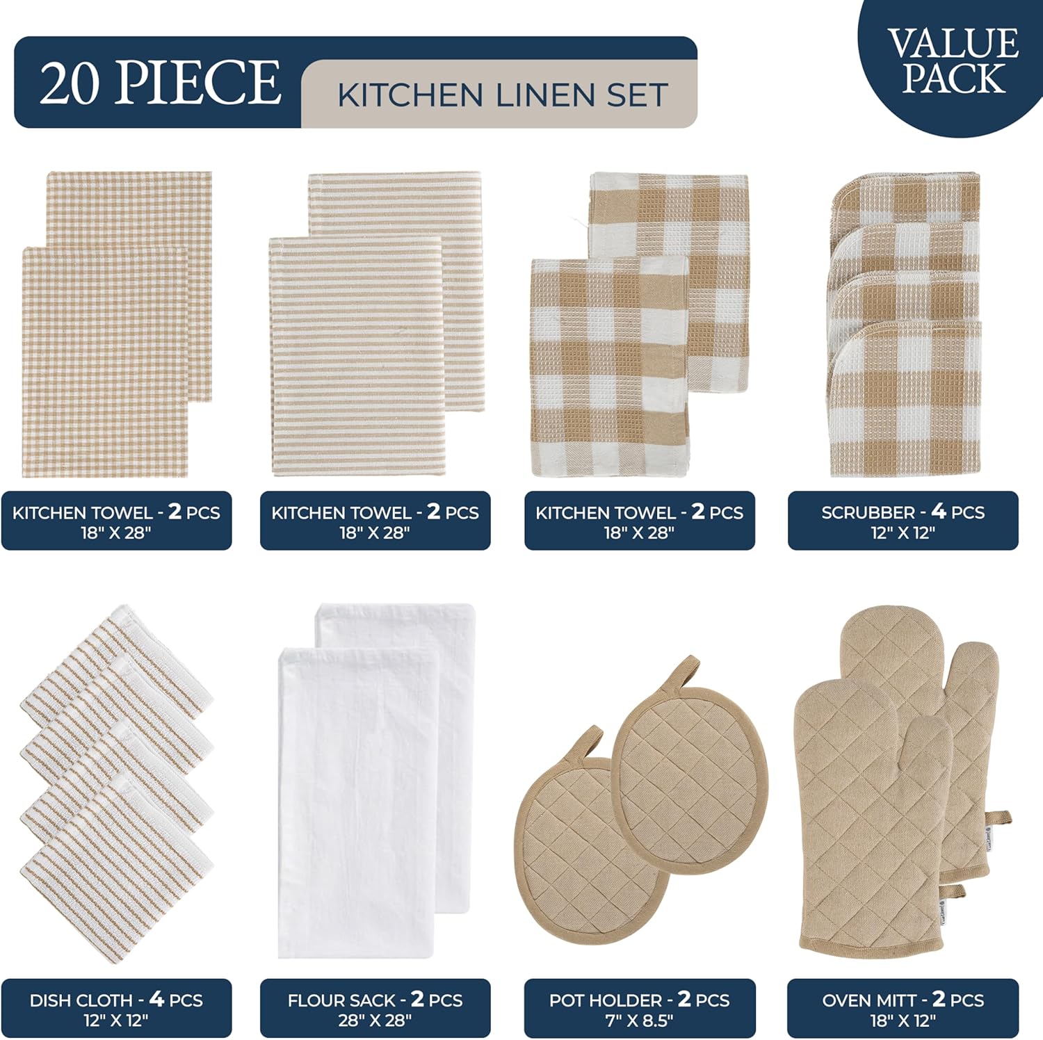 LANE LINEN 20 Piece Kitchen Linen Set - Soft Absorbent Cotton Dish Towels, Reusable Terry Dish Cloths, Flour Sack Towels for Baking, Quilted Oven Mitts & Pot Holders for Everyday Cooking - Beige