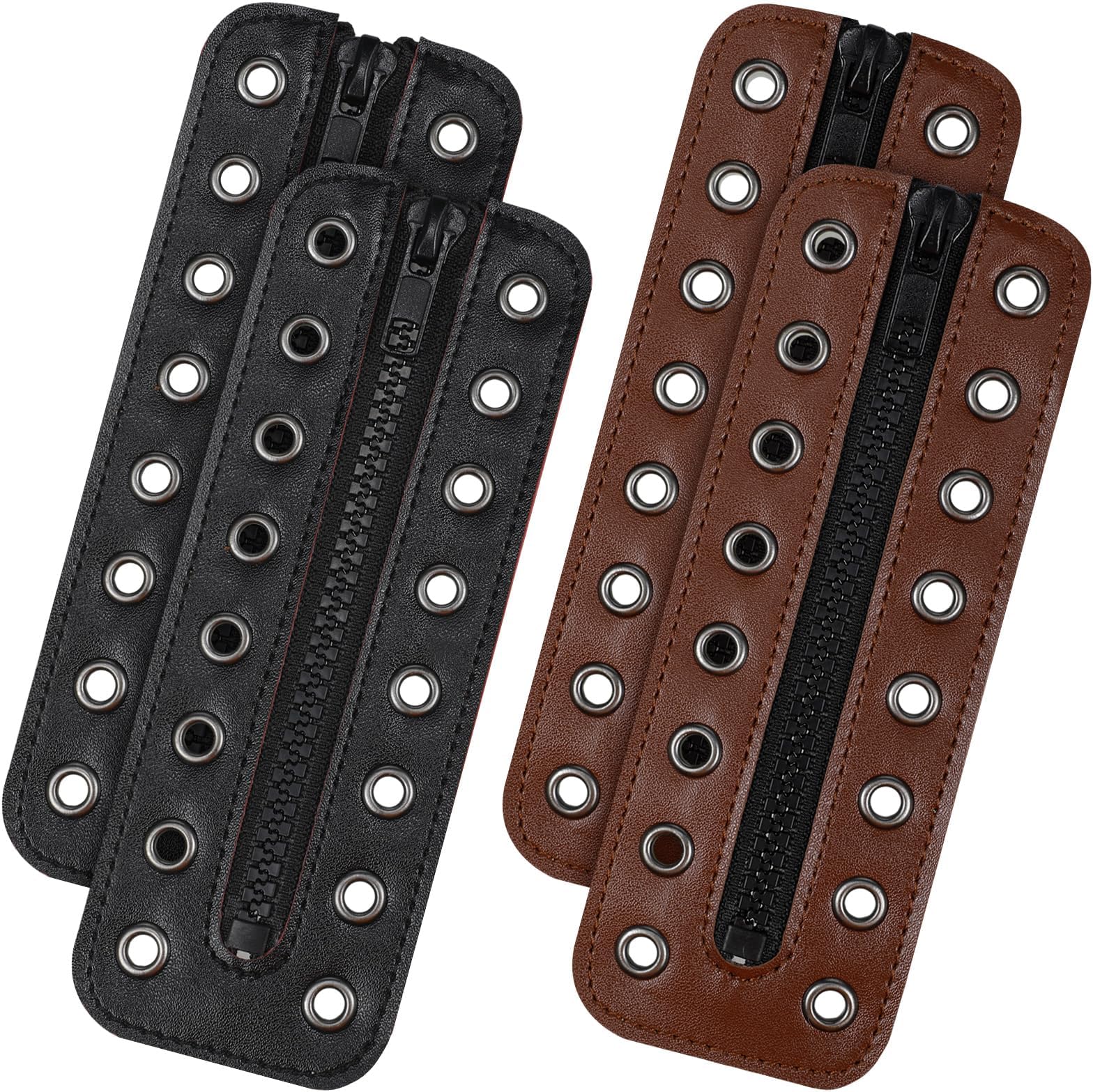 4 Pcs PU Leather Boot Zipper Inserts - Tieless Lace up Zipper Laces 8 Eyelet for Boots and Shoes, Black and Brown
