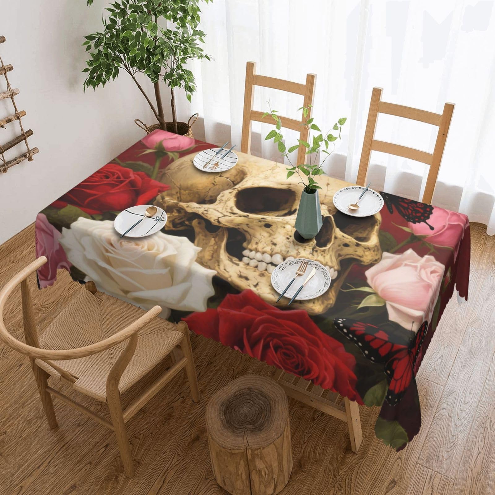 Nappe crâne roses vintage 137x183cm déperlante pour table de salle à manger
