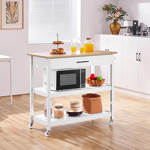 Miniatura 3 de Yaheetech Carrito de cocina con cajón y estantes de almacenamiento, carrito con parte superior de bambú sobre ruedas para comedor, 40 pulgadas de