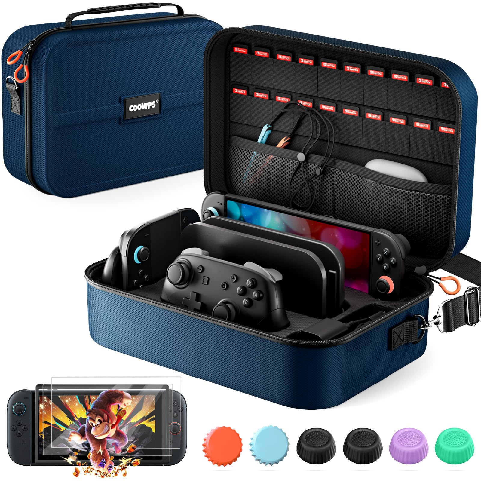 COOWPS Funda para Nintendo Switch 2 (2025), Estuche Rígida Portátil con Protección Total para Viajes, 20 Ranuras para Juegos, Bolsa Grande Antipolvo para Accesorios de Switch 2, Azul