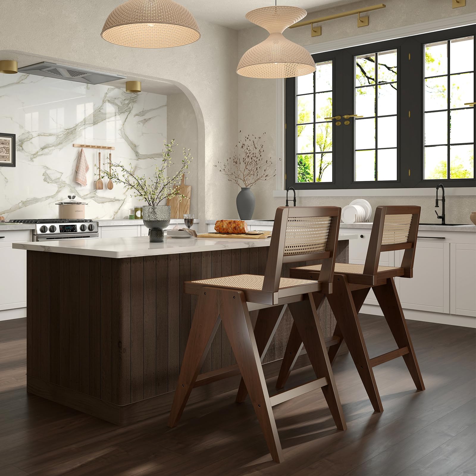 26" Rattan Bar Stools Set of 2, Mid Century Modern Wicker Counter Stools with Woven Back and Footrest Armless, Walnut Finish Wood Legs Bar Chair for